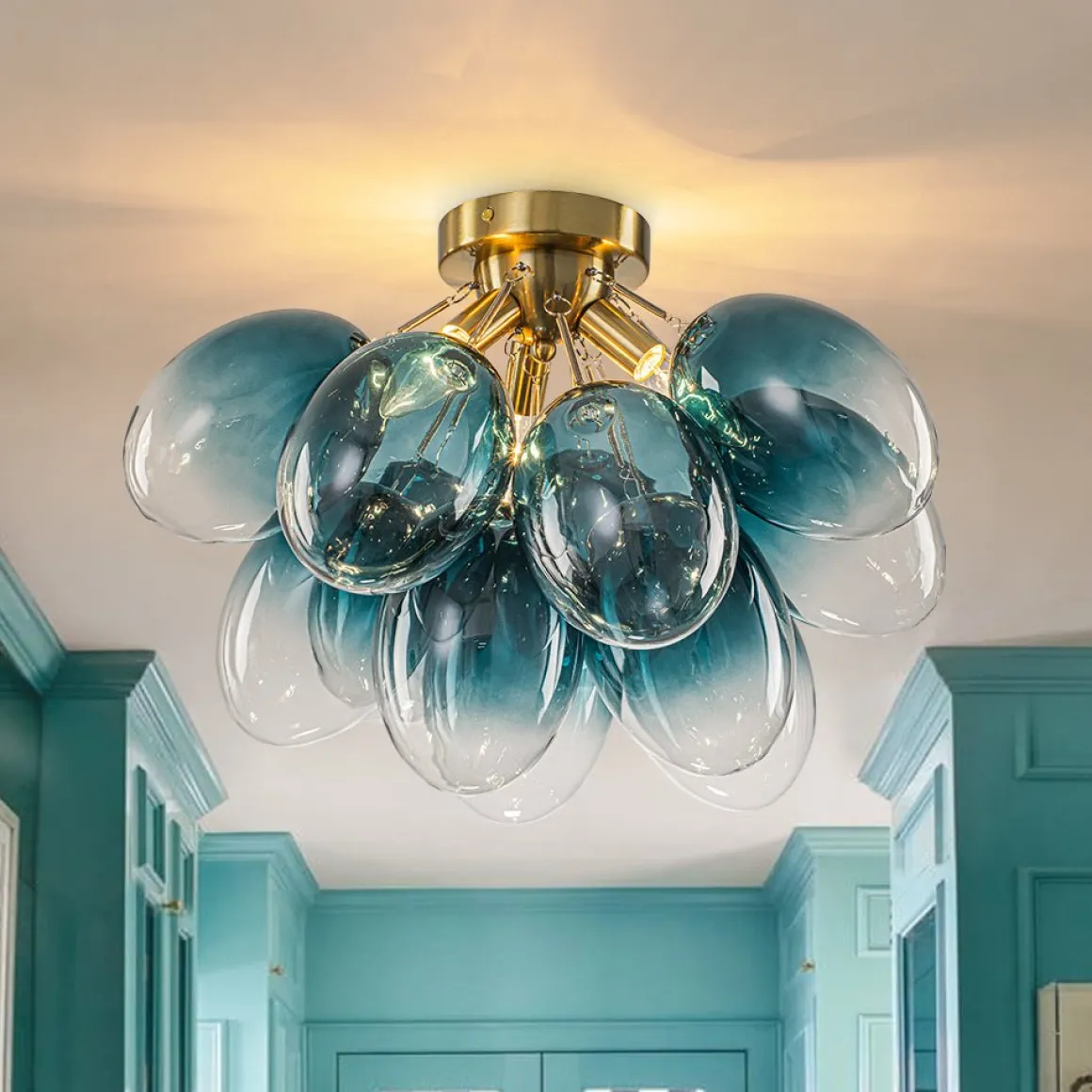 3-Light Cluster Gradient Blue Glass Bubble Semi Flush Mount