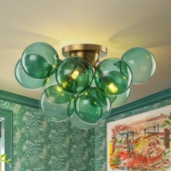 3-Light Cluster Green Tinted Glass Globe Bubble Semi Flush