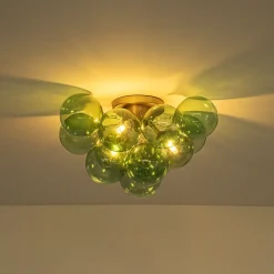 3-Light Cluster Green Tinted Glass Globe Bubble Semi Flush