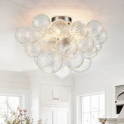 3-Light Cluster Ribbed Glass Bubble Semi Flush Chandelier