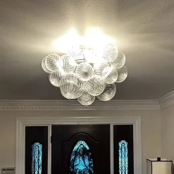 3-Light Cluster Ribbed Glass Bubble Semi Flush Chandelier