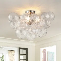 3-Light Cluster Ribbed Glass Bubble Semi Flush Chandelier