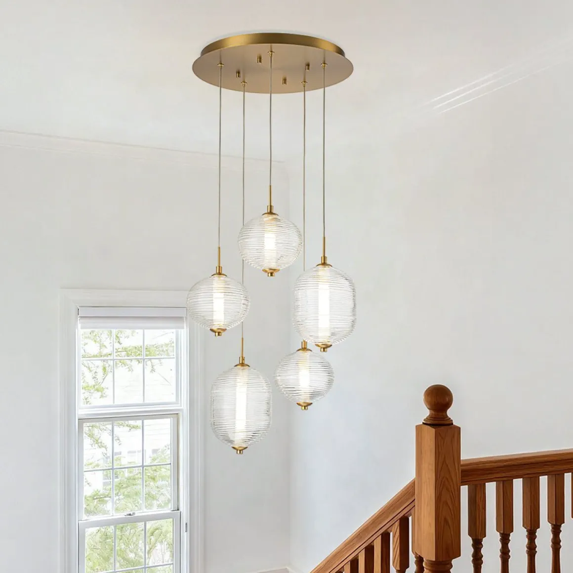 5-Light Cluster Ribbed Glass LED Round Entryway Chandelier