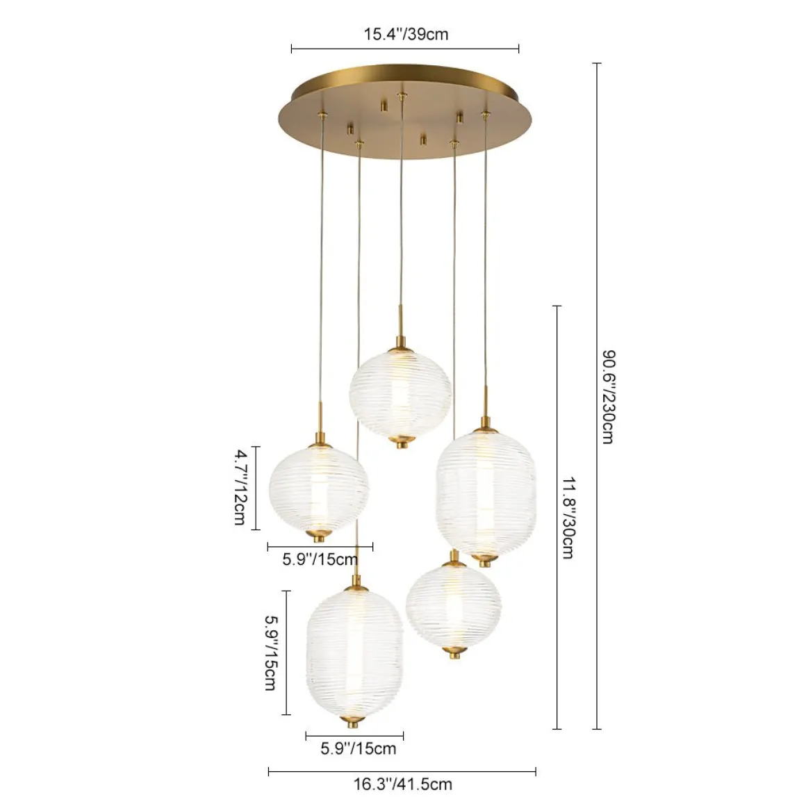 5-Light Cluster Ribbed Glass LED Round Entryway Chandelier