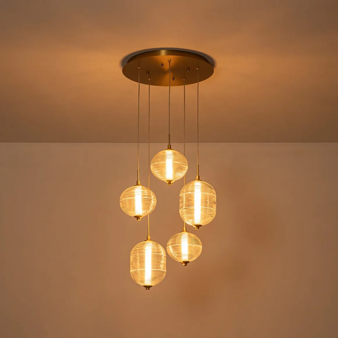 5-Light Cluster Ribbed Glass LED Round Entryway Chandelier