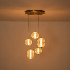 5-Light Cluster Ribbed Glass LED Round Entryway Chandelier