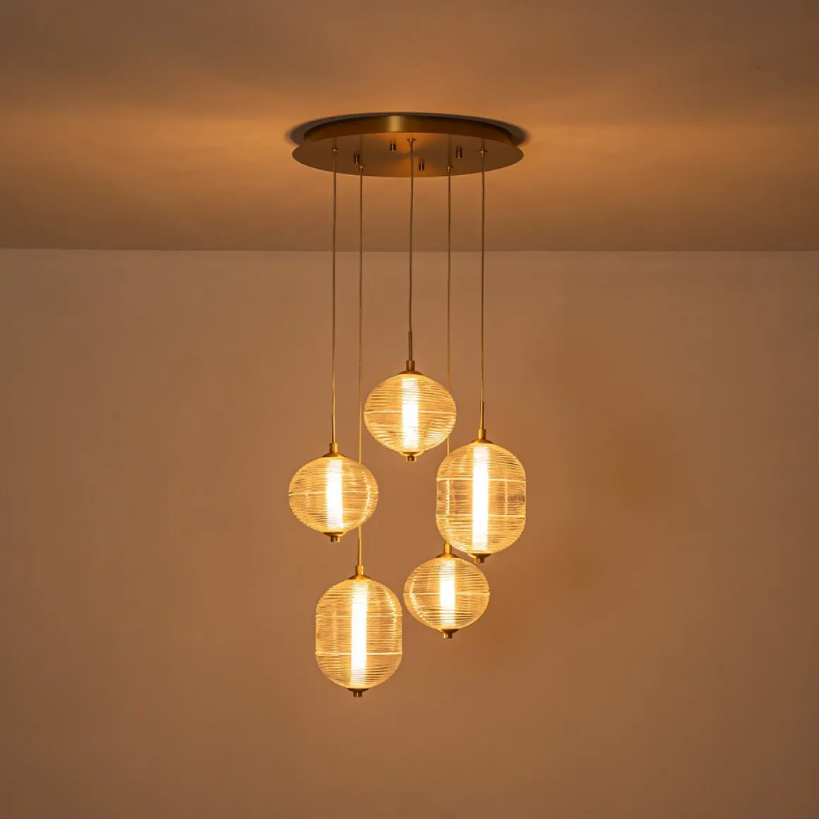 5-Light Cluster Ribbed Glass LED Round Entryway Chandelier