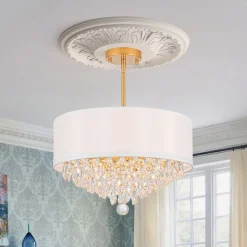 4-Light Crystal Accented White Fabric Drum Cage Chandelier