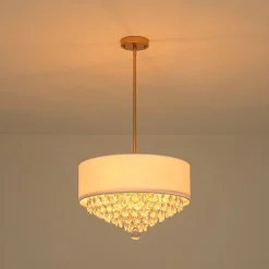 4-Light Crystal Accented White Fabric Drum Cage Chandelier