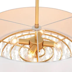 4-Light Crystal Accented White Fabric Drum Cage Chandelier