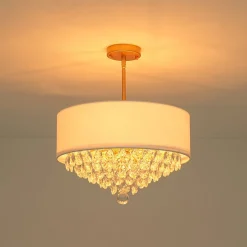 4-Light Crystal Accented White Fabric Drum Cage Chandelier