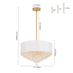 4-Light Crystal Accented White Fabric Drum Cage Chandelier