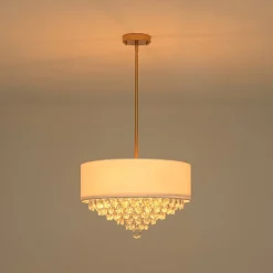 4-Light Crystal Accented White Fabric Drum Cage Chandelier