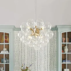 6-Light Dimmable Brass Cluster Clear Glass Bubble Sphere Chandelier