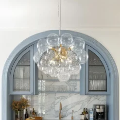 6-Light Dimmable Brass Cluster Clear Glass Bubble Sphere Chandelier