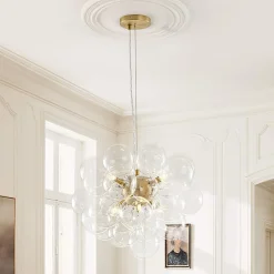 6-Light Dimmable Brass Cluster Clear Glass Bubble Sphere Chandelier