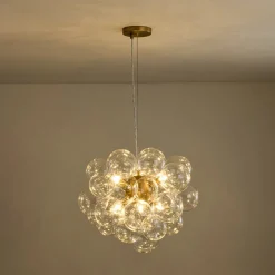 6-Light Dimmable Brass Cluster Clear Glass Bubble Sphere Chandelier