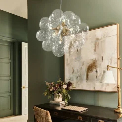 6-Light Dimmable Brass Cluster Clear Glass Bubble Sphere Chandelier
