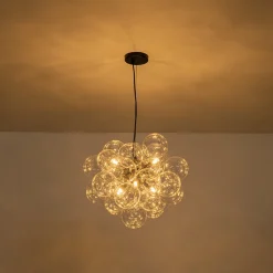 6-Light Dimmable Brass Cluster Clear Glass Bubble Sphere Chandelier