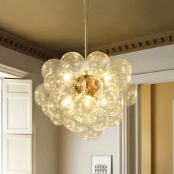 6-Light Dimmable Brass Cluster Clear Glass Bubble Sphere Chandelier