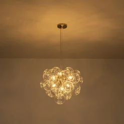 6-Light Dimmable Brass Cluster Clear Glass Bubble Sphere Chandelier