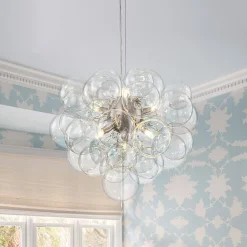 6-Light Dimmable Brass Cluster Clear Glass Bubble Sphere Chandelier