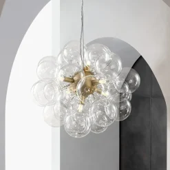 6-Light Dimmable Brass Cluster Clear Glass Bubble Sphere Chandelier