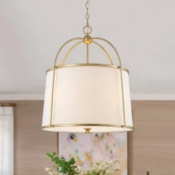 4-Light Distressed Gold White Linen Drum Lantern Pendant