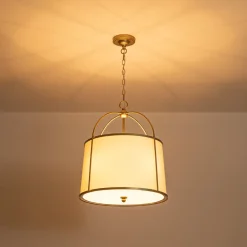 4-Light Distressed Gold White Linen Drum Lantern Pendant