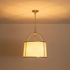 4-Light Distressed Gold White Linen Drum Lantern Pendant