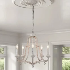 5-Light Distressed White Shabby Chic Candle Style Chandelier