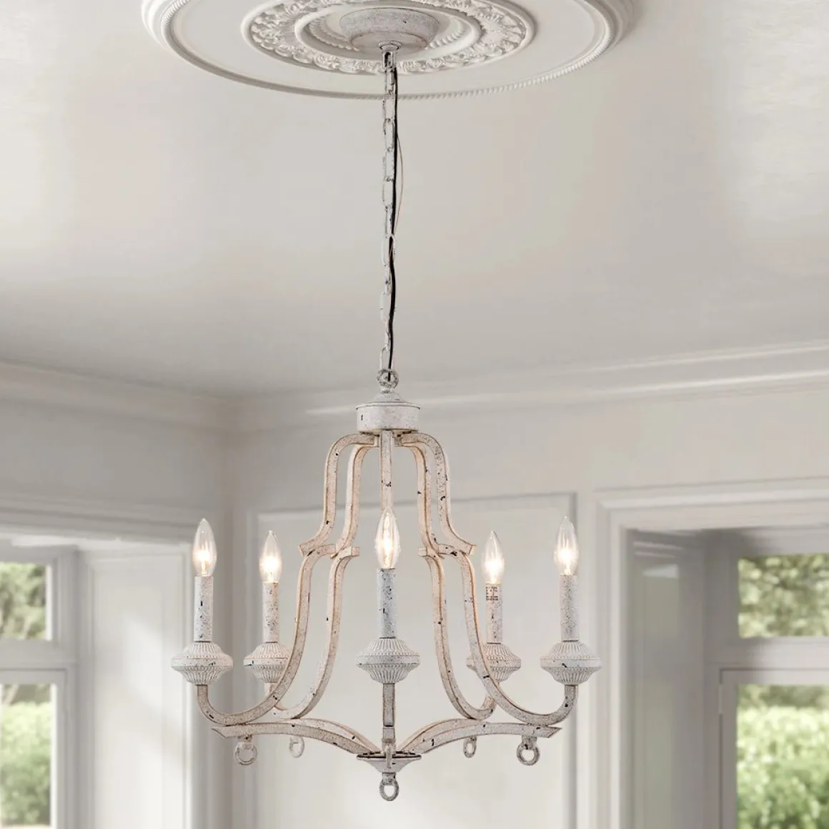 5-Light Distressed White Shabby Chic Candle Style Chandelier