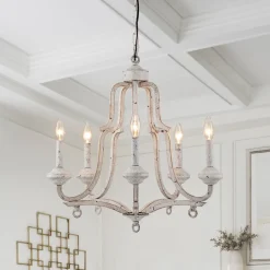 5-Light Distressed White Shabby Chic Candle Style Chandelier