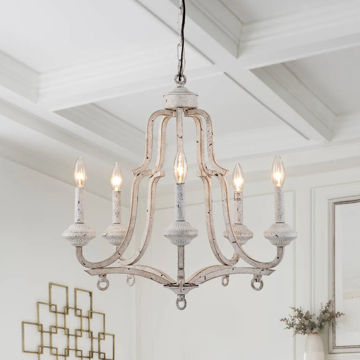 5-Light Distressed White Shabby Chic Candle Style Chandelier