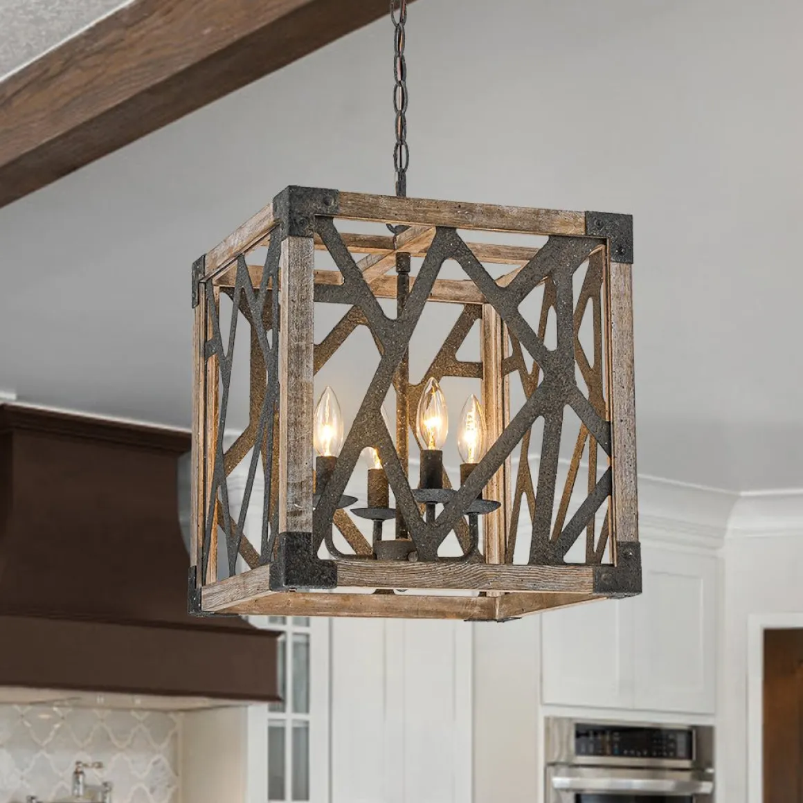 4-Light Distressed Wooden Square Cage Pendant Light