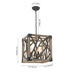 4-Light Distressed Wooden Square Cage Pendant Light