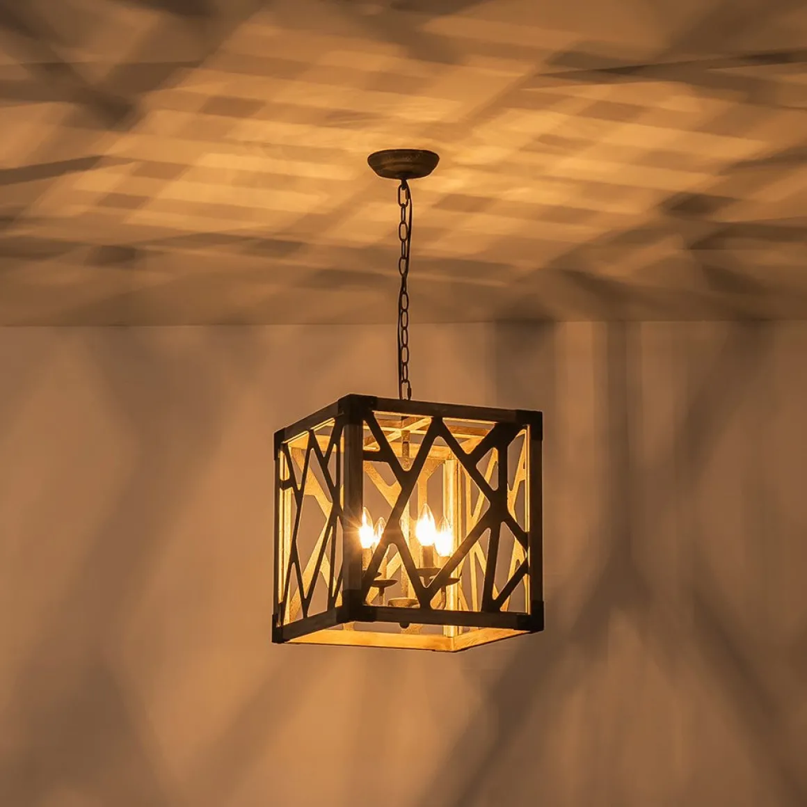 4-Light Distressed Wooden Square Cage Pendant Light