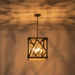 4-Light Distressed Wooden Square Cage Pendant Light