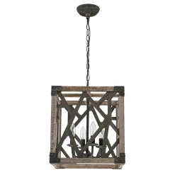 4-Light Distressed Wooden Square Cage Pendant Light