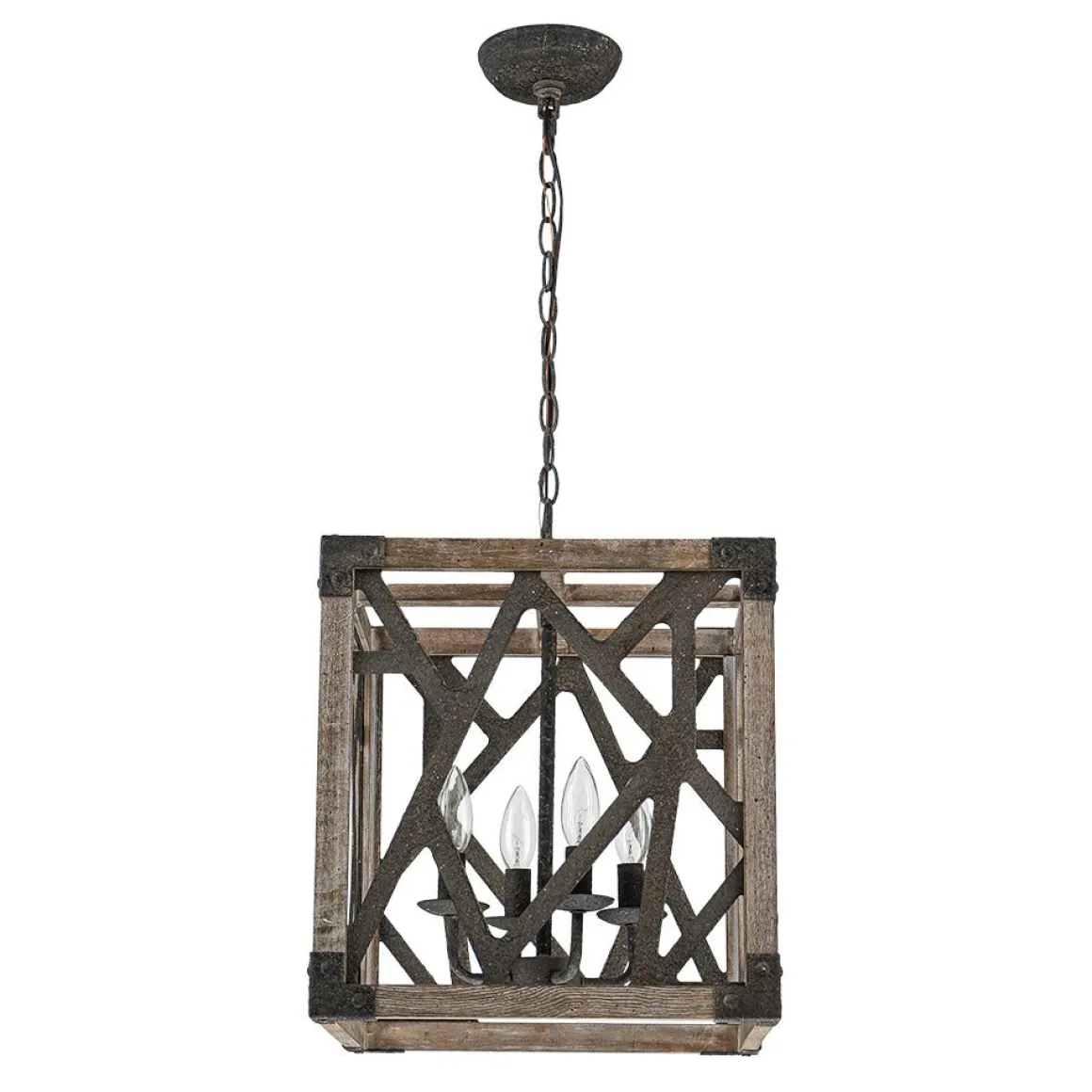 4-Light Distressed Wooden Square Cage Pendant Light