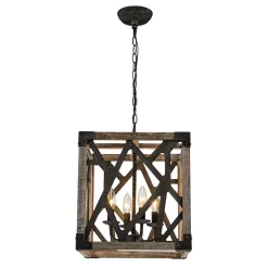 4-Light Distressed Wooden Square Cage Pendant Light