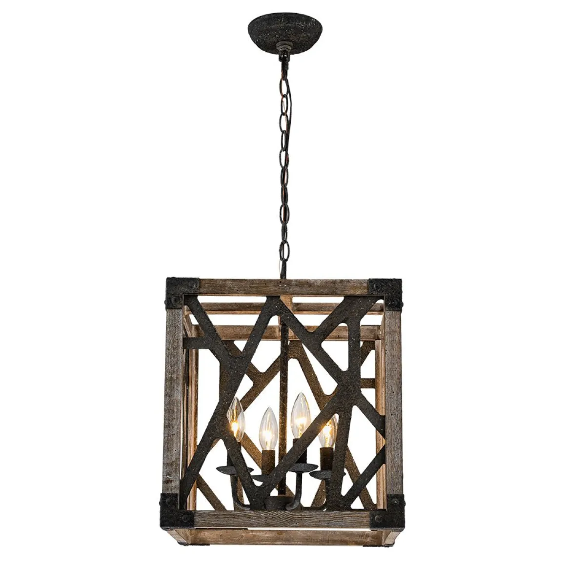 4-Light Distressed Wooden Square Cage Pendant Light