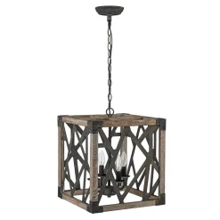 4-Light Distressed Wooden Square Cage Pendant Light