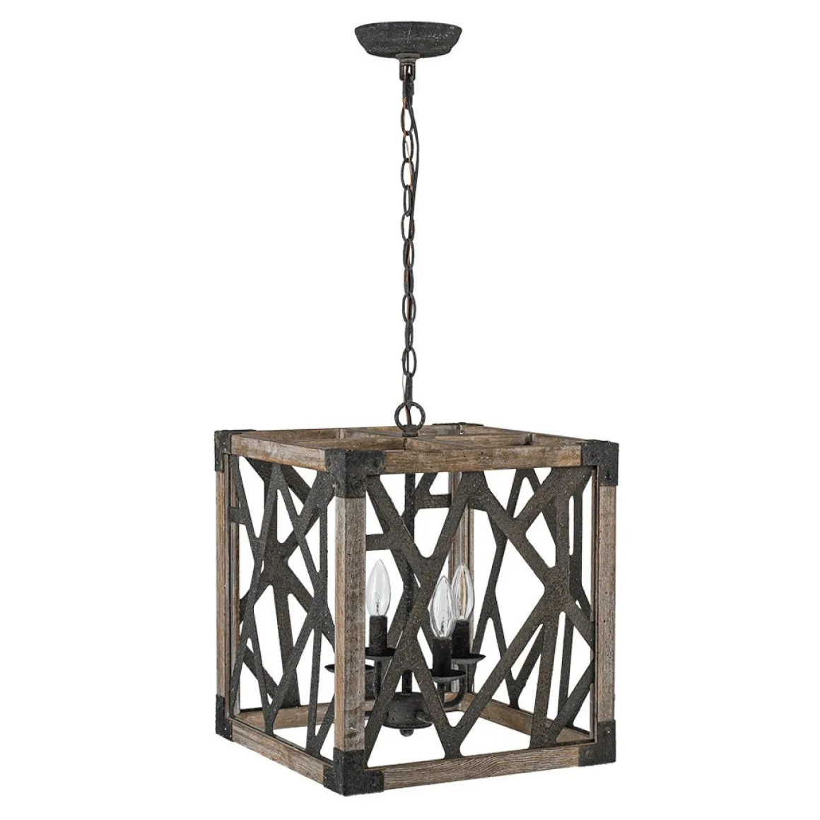 4-Light Distressed Wooden Square Cage Pendant Light