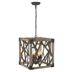 4-Light Distressed Wooden Square Cage Pendant Light