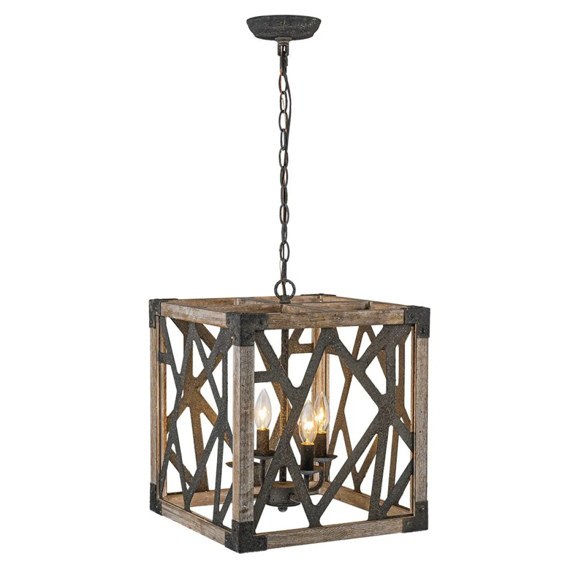 4-Light Distressed Wooden Square Cage Pendant Light
