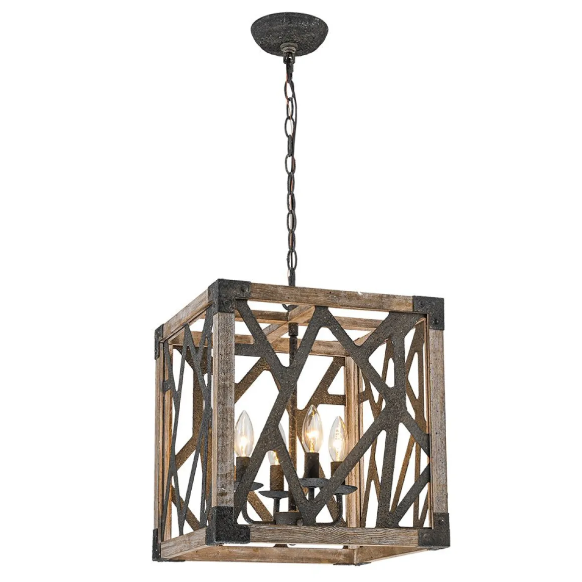 4-Light Distressed Wooden Square Cage Pendant Light