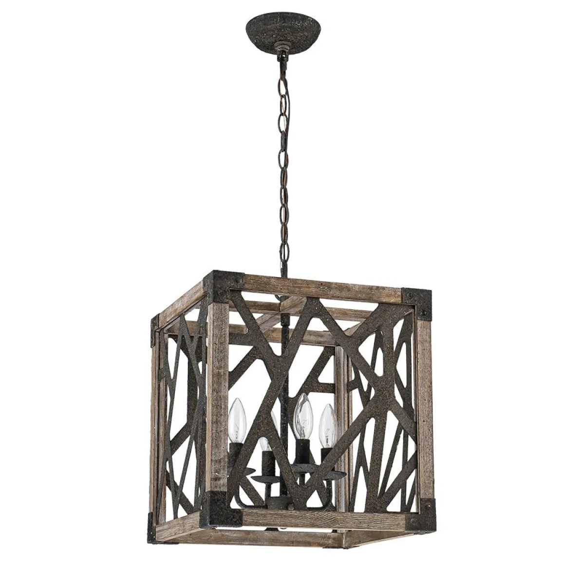 4-Light Distressed Wooden Square Cage Pendant Light