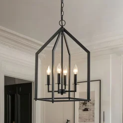 4-light Farmhouse Candle Style Black Lantern Pendant Light