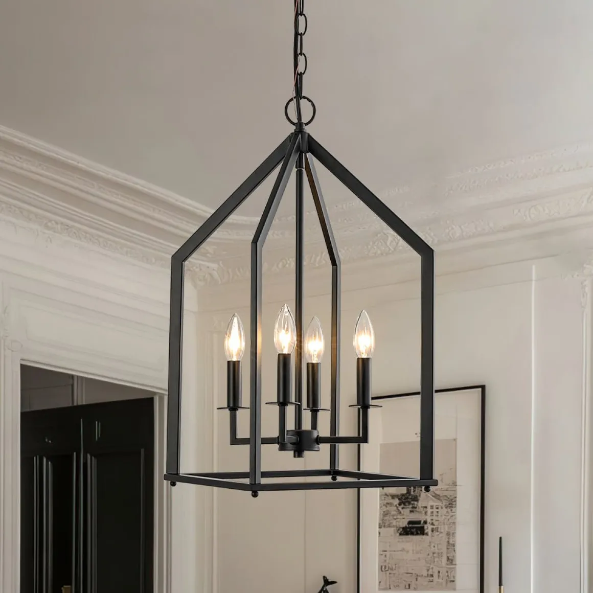 4-light Farmhouse Candle Style Black Lantern Pendant Light